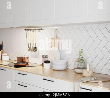 Kücheninnenraum, 3D Rendering Stockfoto