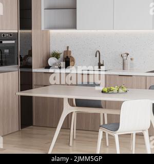 Nahaufnahme des modernen Kücheninnenraums mit eingebautem Herd, Küchenschränken und Tisch, 3D Render Stockfoto