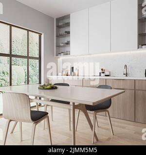 Moderne Wohnküche mit Esstisch und Küchenmöbeln, 3D Rendering Stockfoto