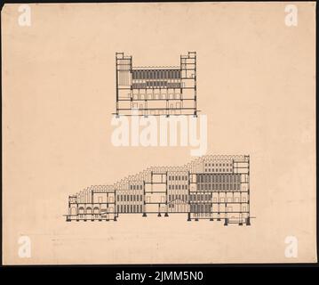 Poelzig Hans (1869-1936), Haus der Freundschaft, Istanbul (1916): Querschnitt und Längsschnitt. Leichter Bruch an der Box, 71,2 x 85,3 cm (einschließlich Scankanten) Stockfoto