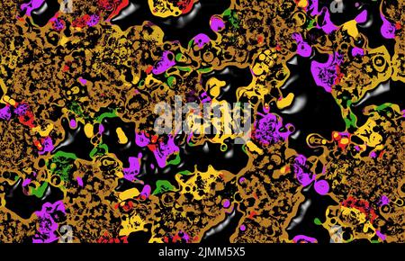 Abstrakter, mehrfarbiger Hintergrund mit schwarzen, flüssigen Flecken. Nahtloses Muster. Stockfoto