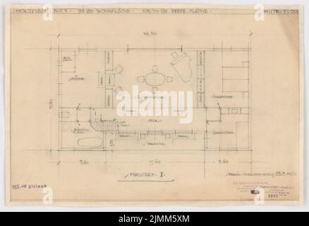 Poelzig Hans (1869-1936), Holzhaus für die Deutsche Werkstätten AG, Dresden-Hellerau (25.03.1921): Grundrisshaus Typ I 1:50. Bleistift auf Transparent, 32,5 x 47,4 cm (einschließlich Scankanten) Stockfoto