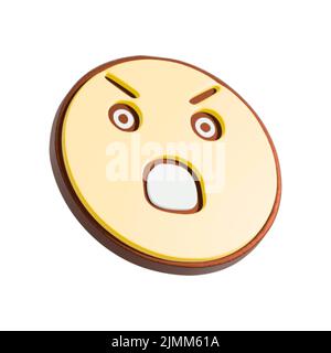 Angry Smiley Face 3D Illustration. Cartoon-Figur auf weißem Hintergrund isoliert. Stockfoto