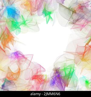 Mehrfarbiger Schleierrahmen mit leerer Mitte, weißer Hintergrund. Fischnetz oder Schleier Textur Imitation. Stockfoto