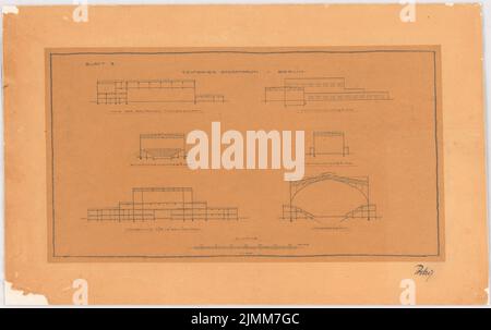 Poelzig Hans (1869-1936), Deutsches Sportforum, Berlin (1926): Verschiedene Gebäude: 6 Schnitte 1: 500. Bleistift auf Transparent, 43,5 x 69,2 cm (einschließlich Scankanten) Stockfoto