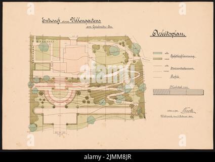 Barth Erwin (1880-1933), Villengarten am Griebnitzsee in Potsdam (03.02.1902): Grundriß des Gartens mit Terrassenanlage und Unterscheidung in alten und neuen Holzanpflanzungen oder Höhenleinen (Maßstab 1: 200), Legende, Maßstab. Bleistift und Tinte Aquarell auf der Schachtel, 46,1 x 65,3 cm (einschließlich Scankanten) Stockfoto