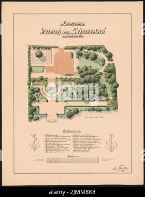 Barth Erwin (1880-1933), Villengarten am Griebnitzsee in Potsdam (02,1902): Grundriß des Gartens mit Terrassenanlage (Maßstab 1: 200), Pflanzliste, Dekor, Maßstabsstab. Tusche-Aquarell auf der Schachtel, 72,6 x 56,5 cm (einschließlich Scankanten) Stockfoto