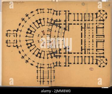 Egeling Paul (1856-1937), Entwurf für ein Volkstheater. Schinkel Wettbewerb 1892 (1892): Grundriß Keller 1: 150. Tinte, Farbstift auf Karton, 79,8 x 101 cm (inklusive Scankanten) Stockfoto