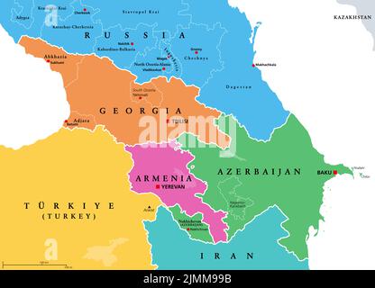 Kaukasus, Kaukasus, Kolorierte politische Landkarte. Region zwischen dem Schwarzen und dem Kaspischen Meer, hauptsächlich von Armenien, Aserbaidschan, Georgien und Südrussland besetzt. Stockfoto