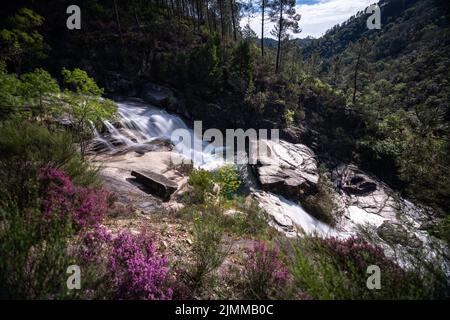 Blick auf die Cascata Fecha de Barjas Wasserfälle im Peneda-Geres Nationalpark in Portugal Stockfoto