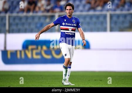 Genua, Italien. 05. August 2022. Tommaso Augello von US Sampdoria Gesten während des Coppa Italia Fußballspiels zwischen UC Sampdoria und Reggina 1914. Kredit: Nicolò Campo/Alamy Live Nachrichten Stockfoto