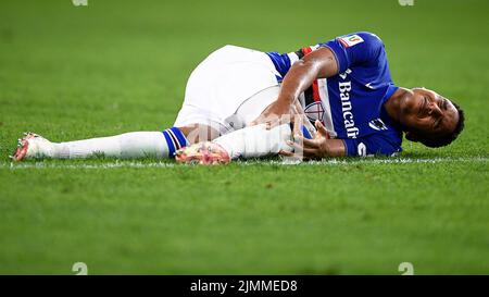 Genua, Italien. 05. August 2022. Abdelhamid sabiri von UC Sampdoria reagiert während des Fußballspiels von Coppa Italia zwischen UC Sampdoria und Reggina 1914. Kredit: Nicolò Campo/Alamy Live Nachrichten Stockfoto