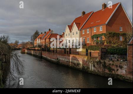 Neue Häuser, die am späten Nachmittag Sonne am Ufer des Flusses Wensum in Norwich fangen. Stockfoto