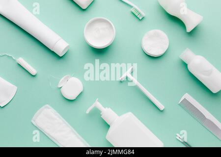 Hygiene-Produkte Anordnung flach legen Stockfoto