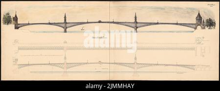 Orth August (1828-1901), Rheinbrücke, Bonn: Grundriß und Aussicht. Tinte, Tinte farbig, Aquarell auf Karton, 78,8 x 214,2 cm (inkl. Scanrand). Stockfoto