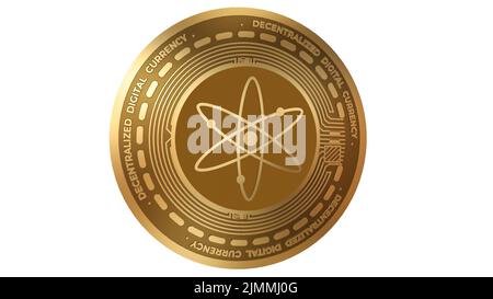 3D Rendering von Gold Cosmos ATOM Cryptocurrency Sign isoliert auf weißem Hintergrund Stockfoto