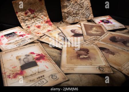 Jack the Ripper Victims, Scotland Yard, 1888. Der Mörder ermordete 12 Frauen. Bilder mit Blut - ein dunkles Verbrechen aus der Victoria Stockfoto