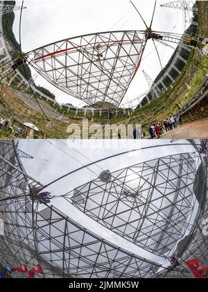 (220806) -- GUIZHOU, 6. August 2022 (Xinhua) -- Combo-Foto zeigt Chinas fünfhundert Meter langes Aperture Spherical Radio Telescope (FAST) mit installiertem ersten Reflektionspanel (oben, Foto aufgenommen am 2. August 2015) und installiertem finalen Reflektionspanel (unten, Foto aufgenommen am 2. Juli 2016) in der südwestlichen chinesischen Provinz Guizhou. Das Hotel befindet sich in einer natürlich tiefen und runden Karstniederlage in der südwestlichen chinesischen Provinz Guizhou und begann IM Januar 2020 MIT der offiziellen Operation und wurde am 31. März 2021 offiziell der Welt eröffnet. Es wird angenommen, dass es das empfindlichste Radioteleskop der Welt ist. Mit FAS Stockfoto