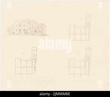 Persius Ludwig (1803-1845), Wohnhaus Lennéstraße in Berlin (07,1867): Grundrisse 1., 2. und 3., Perspektivansicht. Bleistift auf Papier, 37 x 44,6 cm (einschließlich Scankanten) Stockfoto