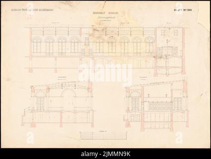 Orth August (1828-1901), Bahnhof Görlitz in Berlin (1866): Längsschnitt, Querschnitte eines Warteraals und die Pensionrade, 1:60. Tinte, Tinte farbig auf Karton, 68,2 x 96,6 cm (inklusive Scankanten) Stockfoto