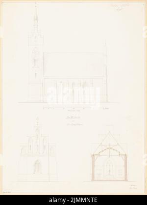 Unbekannter Architekt, Dorfkirche für 250 Personen. Monatlicher Wettbewerb März 1860 (03,1860): Riss-Seitenansicht, Choransicht, Querschnitt (Richtung Altar) 1: 120; Maßstabsbalken. Bleistift, wasserfarben auf Papier, 50,2 x 38 cm (einschließlich Scankanten) Stockfoto