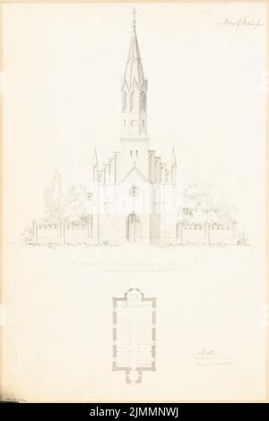 Unbekannter Architekt, Dorfkirche für 250 Personen. Monatlicher Wettbewerb am 1860. März (03,1860): Grundriß, Ansicht der Foltereingabe; Streifen im Maßstab 2. Tinte und Bleistift Aquarell auf Papier, 43,2 x 28,9 cm (einschließlich Scankanten) Stockfoto