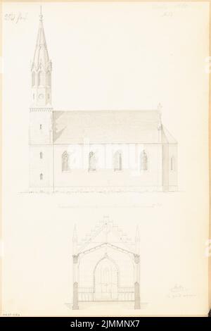 Unbekannter Architekt, Dorfkirche für 250 Personen. Monatlicher Wettbewerb März 1860 (03,1860): Riss-Seitenansicht, Querschnitt (Richtaltar); Maßstabsbalken. Tuser und Bleistift Aquarell auf Papier, 43,2 x 28,8 cm (einschließlich Scankanten) Stockfoto