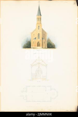 Unbekannter Architekt, Dorfkirche für 250 Personen. Monatlicher Wettbewerb 1860. März (03,1860): Grundriss, Umriss des Eingangs, Querschnitt (Richtung Altar); Maßstabsbalken. Bleistift, wasserfarben auf Papier, 61,9 x 43,5 cm (einschließlich Scankanten) Stockfoto