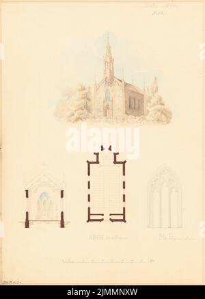 Unbekannter Architekt, Dorfkirche für 250 Personen. Monatlicher Wettbewerb März 1860 (03,1860): Grundriß, Querschnitt (Richtung Altar), Detail: Fenster, Perspektivansicht; Maßstabsbalken. Bleistift-Aquarell auf der Schachtel, 39,9 x 28,7 cm (einschließlich Scankanten) Stockfoto