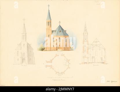 Unbekannter Architekt, Dorfkirche für 250 Personen. Monatlicher Wettbewerb 1860. März (03,1860): Grundriß, Ansicht der Foltereingabe, Seitenansicht, Längsschnitt; Skalenbalken. Tuser und Bleistift Aquarell auf Papier, 39,8 x 55,1 cm (einschließlich Scankanten) Stockfoto