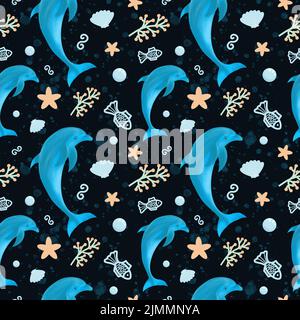 Delphin. Nahtloses Muster mit Delphin- und Meeresvegetation. Fisch und Seesterne. Design für Kindertextilien, Schreibwaren. Stockfoto
