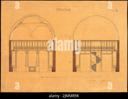 Orth August (1828-1901), Wohnhaus Wilhelmstraße (Villa Strousberg), Berlin. Umbau (1876): Bibliothek: 2 Schnitte und Wandansichten. Tusche, Bleistift wasserfarben auf transparent, 49 x 67,6 cm (inklusive Scankanten) Stockfoto