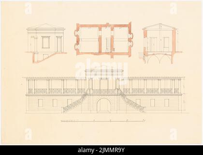 Orth August (1828-1901), Schloss Dr. Strousberg, Zbirow. Umbau (1869): Gärtnerwohnung: Grundriß, Schnitte, Aussicht. Tinte, Tinte Aquarell auf Papier, 46,4 x 64,8 cm (einschließlich Scankanten) Stockfoto