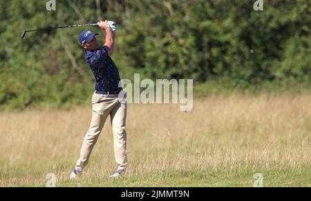 Der französische Julien Guerrier am vierten Tag der Cazoo Wales Open im Celtic Manor Resort in Newport, Wales. Bilddatum: Sonntag, 7. August 2022. Stockfoto