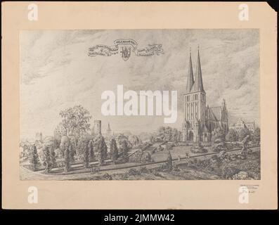 Dihm Ludwig (1849-1928), Evangelische Garnisonskirche und Kriegerdenkmal, Allenstein (1913-1913): Perspektivansicht von Allenstein mit Kirche. Leichter Druck auf Papier, 60,9 x 80,7 cm (einschließlich Scankanten) Stockfoto