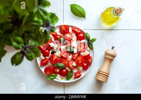 Portion Caprese-Salat unter Basilikum-Pflanze, Konzept der Heimarbeit, Draufsicht, Copyspace Stockfoto