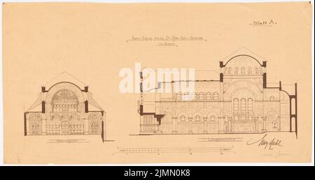 Hehl Christoph (1847-1911), Herz-Jesu-Kirche Berlin-Prenzlauer Berg (1897): Längsschnitt, Querschnitt. Leichter Bruch auf Papier, 26,2 x 49,4 cm (einschließlich Scankanten) Stockfoto