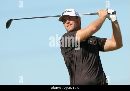 Der dänische Lucas Bjerregaard am vierten Tag der Cazoo Wales Open im Celtic Manor Resort in Newport, Wales. Bilddatum: Sonntag, 7. August 2022. Stockfoto