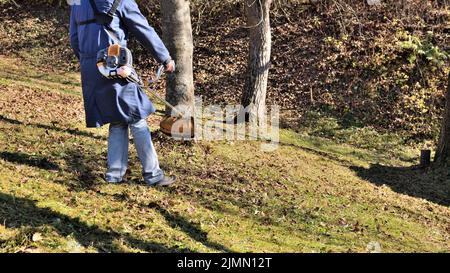 Ein Landwirt schneidet mit einem Motorsense trockenes Gras zwischen Bäumen Stockfoto