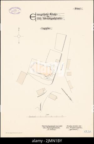 Unbekannter Architekt, Evangelische Kirche in Alt-Markgrafpieske (1896-1898): Planinhalt N.N. entdeckt. Lithographie, 50,4 x 34,4 cm (einschließlich Scankanten) Stockfoto