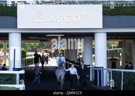 Ascot, Bergen, Großbritannien. 6.. August 2022. Unter Jockey Frankie Dettori geht es im Rahmen des Dubai Duty Free Shergar Cup Curtain Raiser Classified Stakes auf der Ascot Racecourse zum Dubaier Duty Free Shergar Cup Pferderennen. Trainer Roger Teal, Lambourn. Quelle: Maureen McLean/Alamy Stockfoto