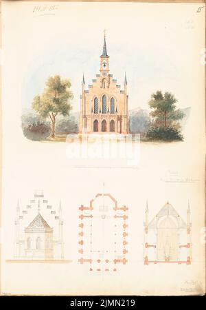 Unbekannter Architekt, Dorfkirche für 250 Personen. Monatlicher Wettbewerb 1864. Mai (05,1864): Grundriß aufrechte Eingangsansicht, Choransicht, Querschnitt (Richtaltar); Maßstabsbalken. Bleistift-Aquarell auf der Schachtel, 60,8 x 42,4 cm (einschließlich Scankanten) Stockfoto