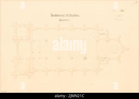 Unbekannter Architekt, Dorfkirche mit 300 Sitzplätzen. Monatlicher Wettbewerb Januar 1865 (01,1865): Grundriß; Skala bar. Tinte und Bleistift, Wasserfarben auf der Schachtel, 30,8 x 46,1 cm (einschließlich Scankanten) Stockfoto