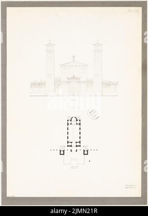 Unbekannter Architekt, Dorfkirche. Monatlicher Wettbewerb am 1863. Mai (05,1863): Grundriß, Vorderansicht der Vorfahren; Streifen im Maßstab 2. Tusche Aquarell auf Papier, 57,4 x 41,4 cm (einschließlich Scankanten) Stockfoto