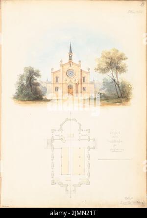 Unbekannter Architekt, Dorfkirche für 250 Personen. Monatlicher Wettbewerb im Mai 1864 (05,1864): Grundriß, Tortieransicht; Skalenbalken. Bleistift-Aquarell auf der Schachtel, 60,4 x 42,6 cm (einschließlich Scankanten) Stockfoto