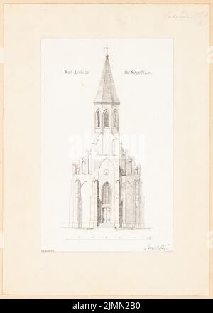 Unbekannter Architekt, Dorfkirche mit 250 Sitzplätzen. Monatlicher Wettbewerb Februar 1866 (02,1866): Obere Eingangsseite; Skala bar. Tinte auf Papier, 42,8 x 30,5 cm (einschließlich Scankanten) Stockfoto