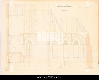 Unbekannter Architekt, Dorfkirche mit 300 Sitzplätzen. Monatlicher Wettbewerb Januar 1865 (01,1865): Längsschnitt; 1,60, Maßstabsbalken. Tinte und Bleistift, Wasserfarben auf der Schachtel, 50,7 x 66,4 cm (einschließlich Scankanten) Stockfoto