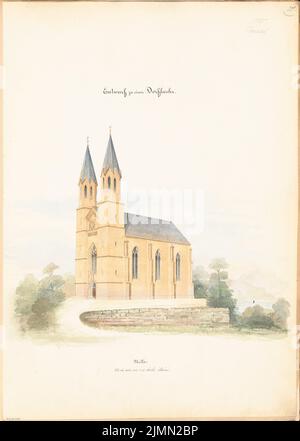 Unbekannter Architekt, Dorfkirche mit 300 Sitzplätzen. Monatlicher Wettbewerb Januar 1865 (01,1865): Perspektivansicht. Bleistift-Aquarell auf der Schachtel, 60,5 x 43,2 cm (einschließlich Scankanten) Stockfoto