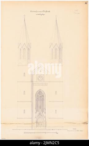 Unbekannter Architekt, Dorfkirche mit 300 Sitzplätzen. Monatlicher Wettbewerb im Januar 1865 (01,1865): Turm und Eingangsturm; Maßstab Bar. Tinte auf Karton, 67,9 x 43,5 cm (einschließlich Scankanten) Stockfoto