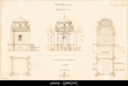 Perbandt Adolf von (1841-1892), Grabkapelle. Monatlicher Wettbewerb April 1867 (04,1867): Grundriss Keller, Erdgeschoss, Turbulenzen Vorderansicht, Seitenansicht, Längsschnitt; Skalenbalken. Tusche-Aquarell auf der Schachtel, 27,2 x 43 cm (einschließlich Scankanten) Stockfoto